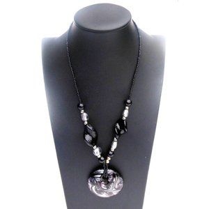 Handmade Chunky Boho Lampwork Glass Pendant Necklace Silver Tone